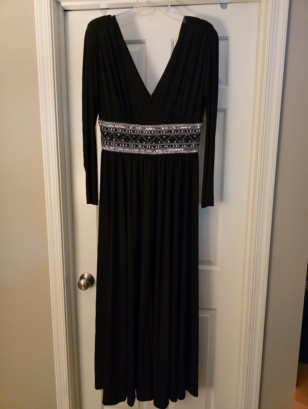 EUC JS Boutique Black Evening Dress with Sequin-encrusted Waist Detail. Size 12